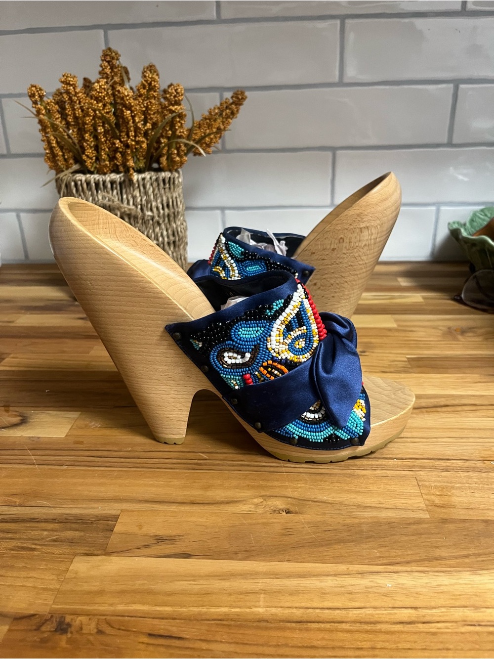 Stella McCartney Aztec Satin and Wood Platforms Sz 38 / 8